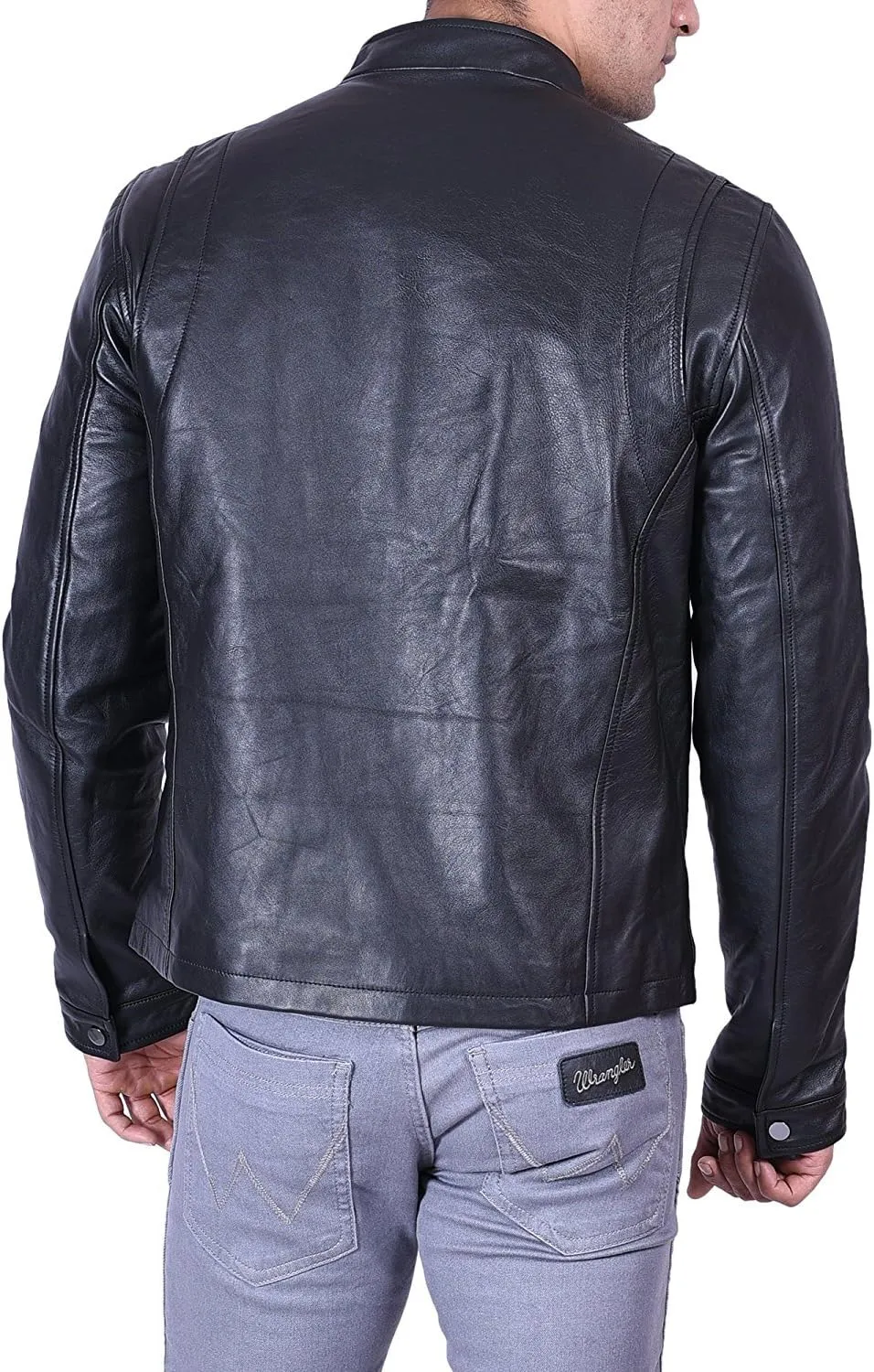 Luis Men's Leather Jacket - Band Collar Leather Jacket Motorcycle Lightweight Genuine Leather Outwear