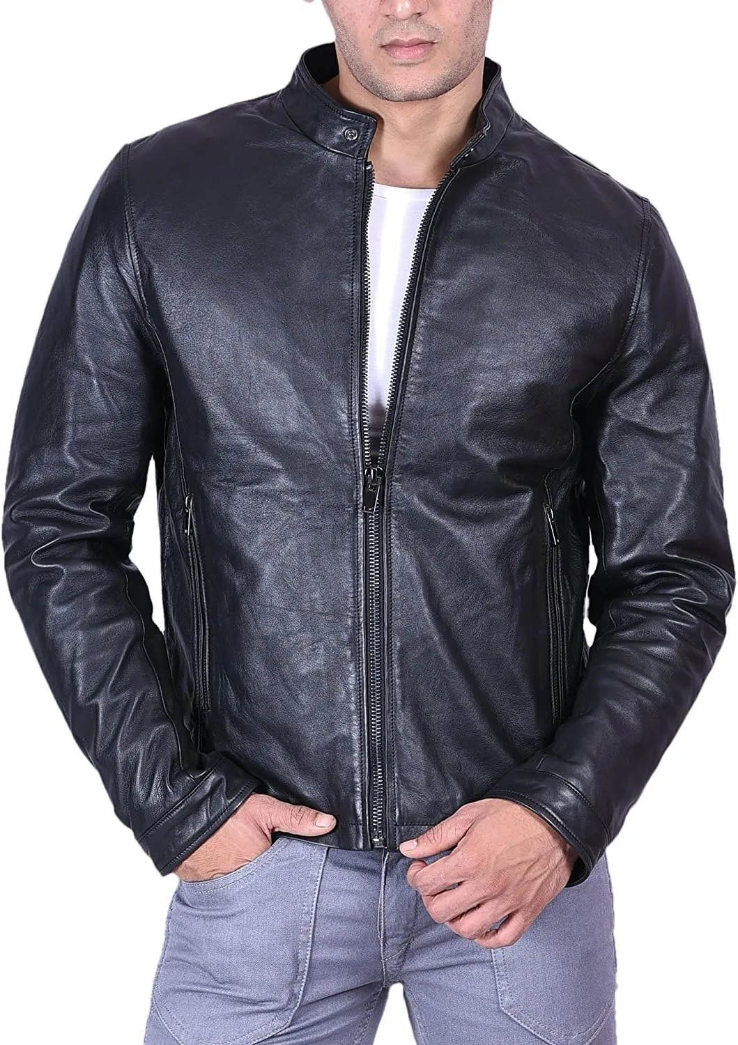 Luis Men's Leather Jacket - Band Collar Leather Jacket Motorcycle Lightweight Genuine Leather Outwear