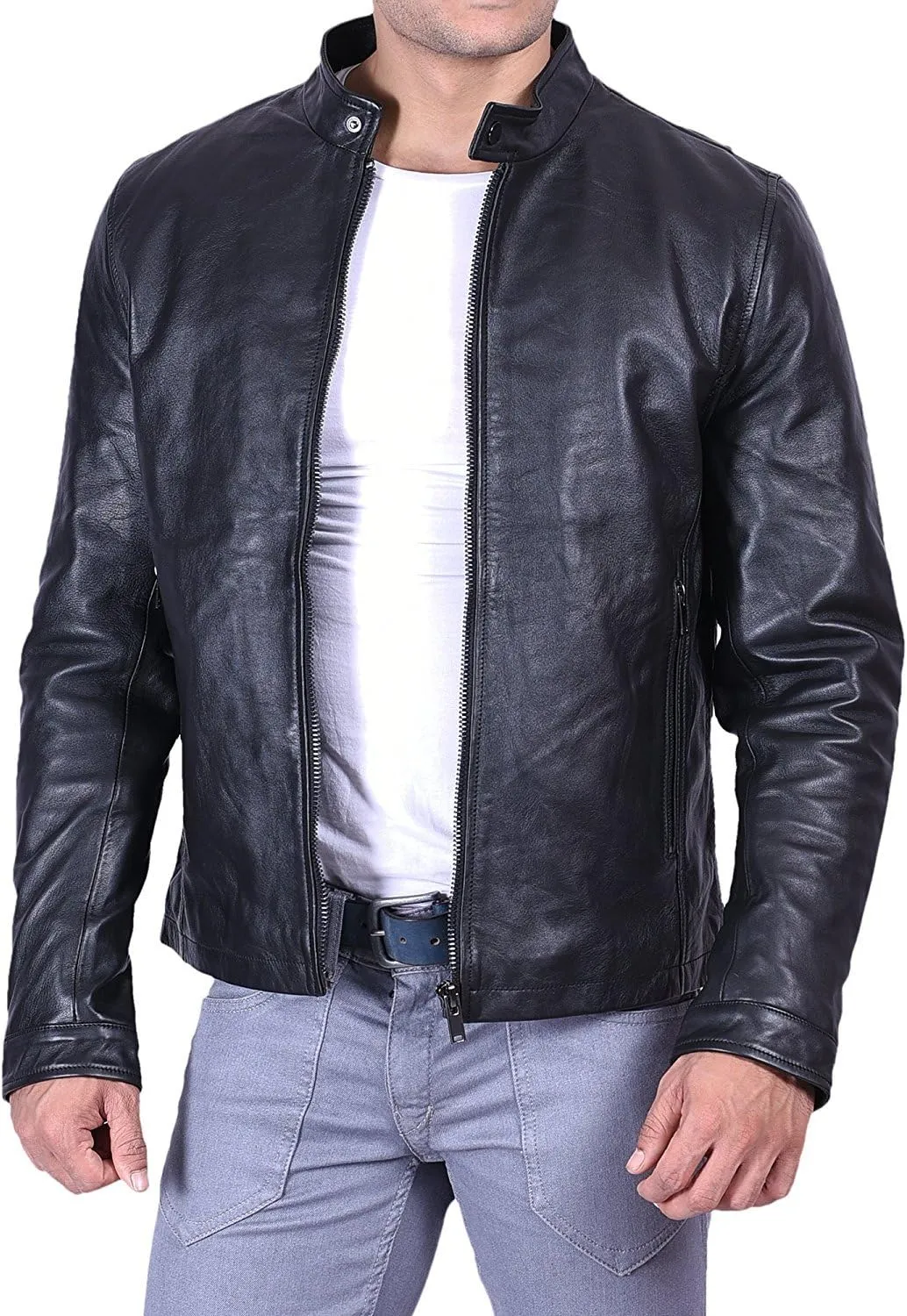 Luis Men's Leather Jacket - Band Collar Leather Jacket Motorcycle Lightweight Genuine Leather Outwear