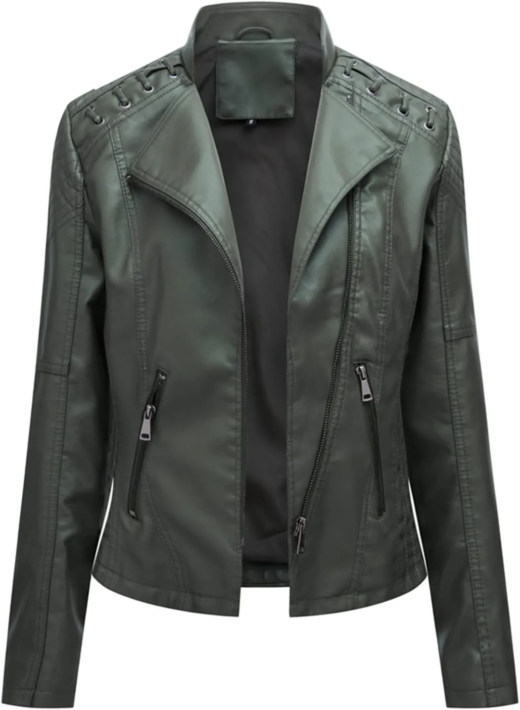 Lu's Chic Women's Motorcycle Jacket Fashion Dressy Vegan Leather Biker Coat Light Slim Fit Crop Blazer Moto Jacket