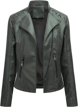 Lu's Chic Women's Motorcycle Jacket Fashion Dressy Vegan Leather Biker Coat Light Slim Fit Crop Blazer Moto Jacket