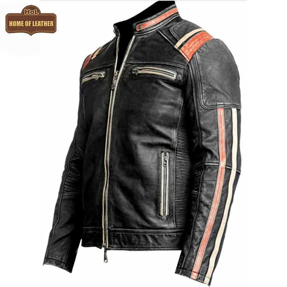 M053 Cafe Racer Retro 3 Vintage Distressed Motorcycle Black Jacket