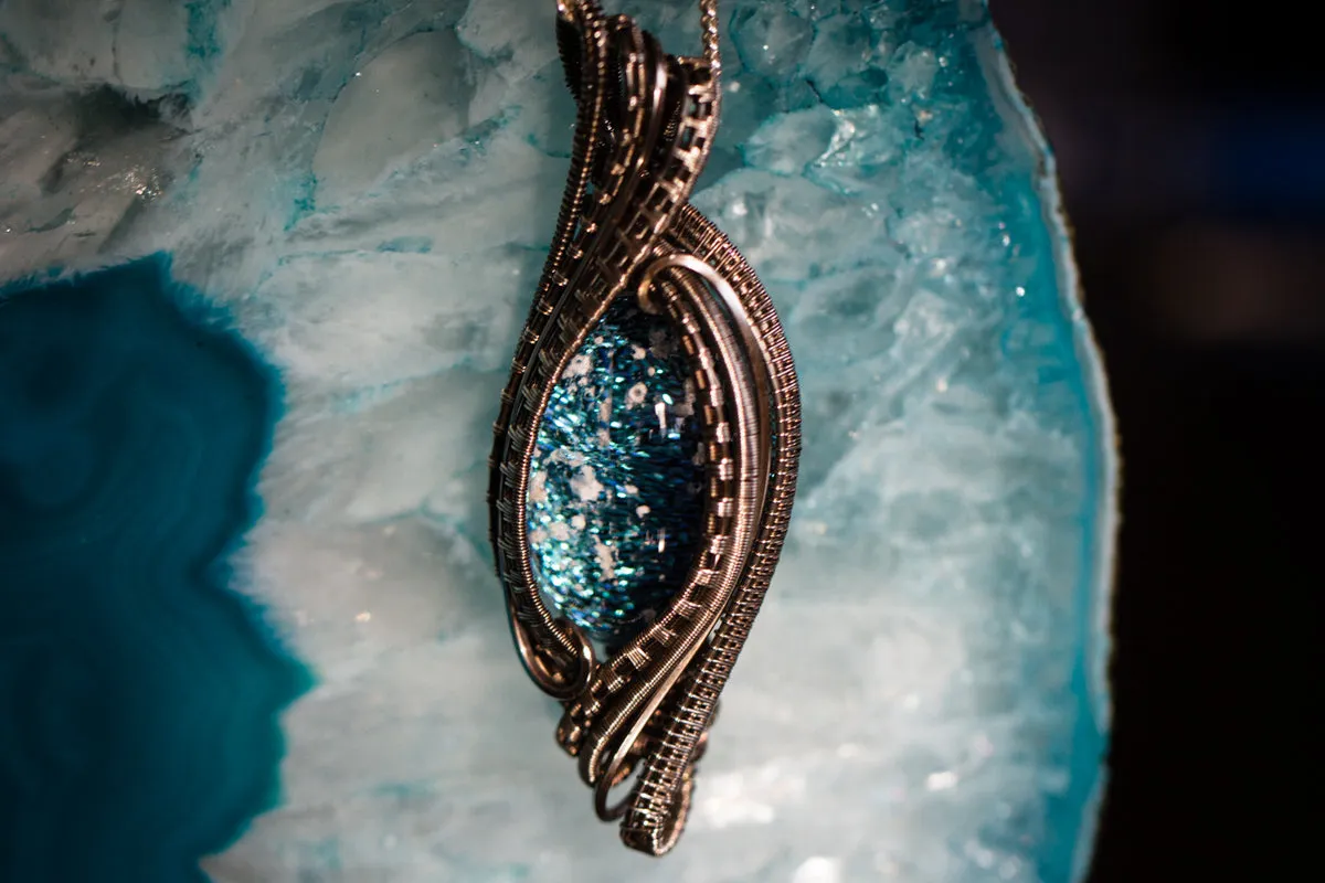 Madison Sterling Silver Wire Wrapped Dichroic Glass Pendant with Cremation Ash