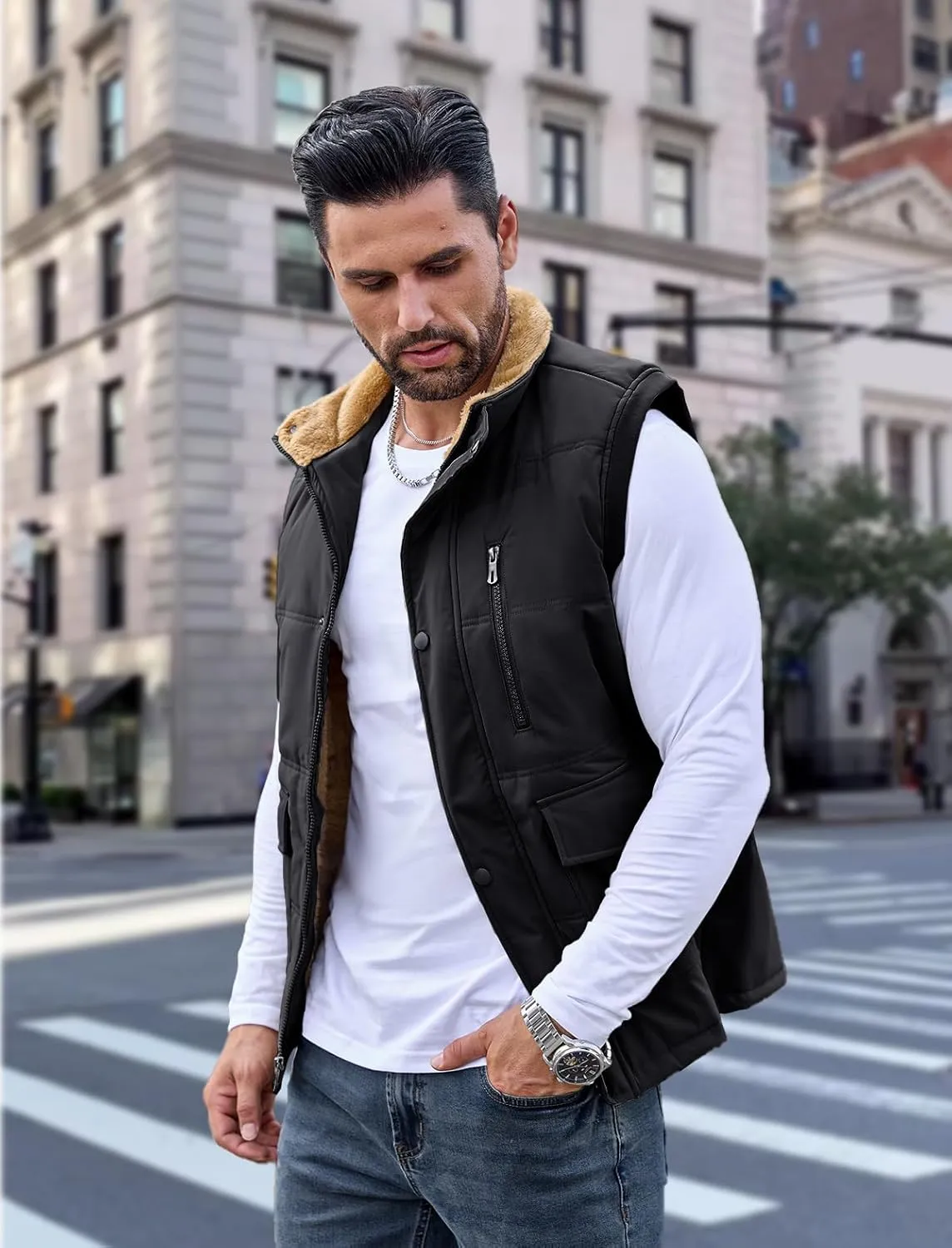 MAGCOMSEN Mens Winter Vests Outerwear Fleece Lined Puffer Vest Warm Casual Quilted Vest Bubble Sherpa Vest Jacket