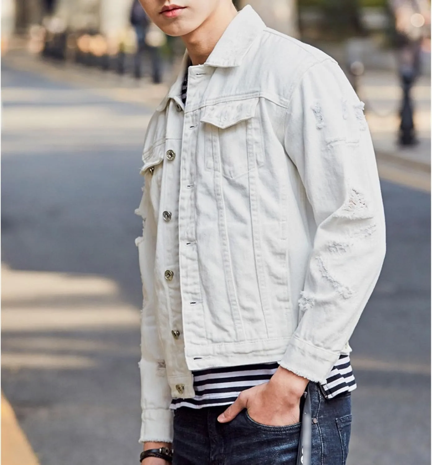 Maiyifu-GJ Distressed Denim Jacket For Men Casual Ripped Holes Button Down Denim Jacket Trucker Jean Coat