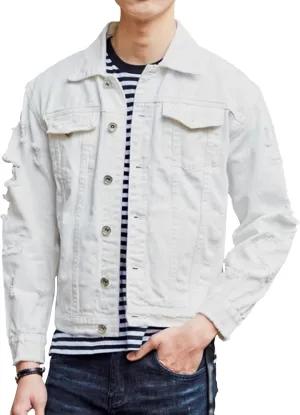 Maiyifu-GJ Distressed Denim Jacket For Men Casual Ripped Holes Button Down Denim Jacket Trucker Jean Coat