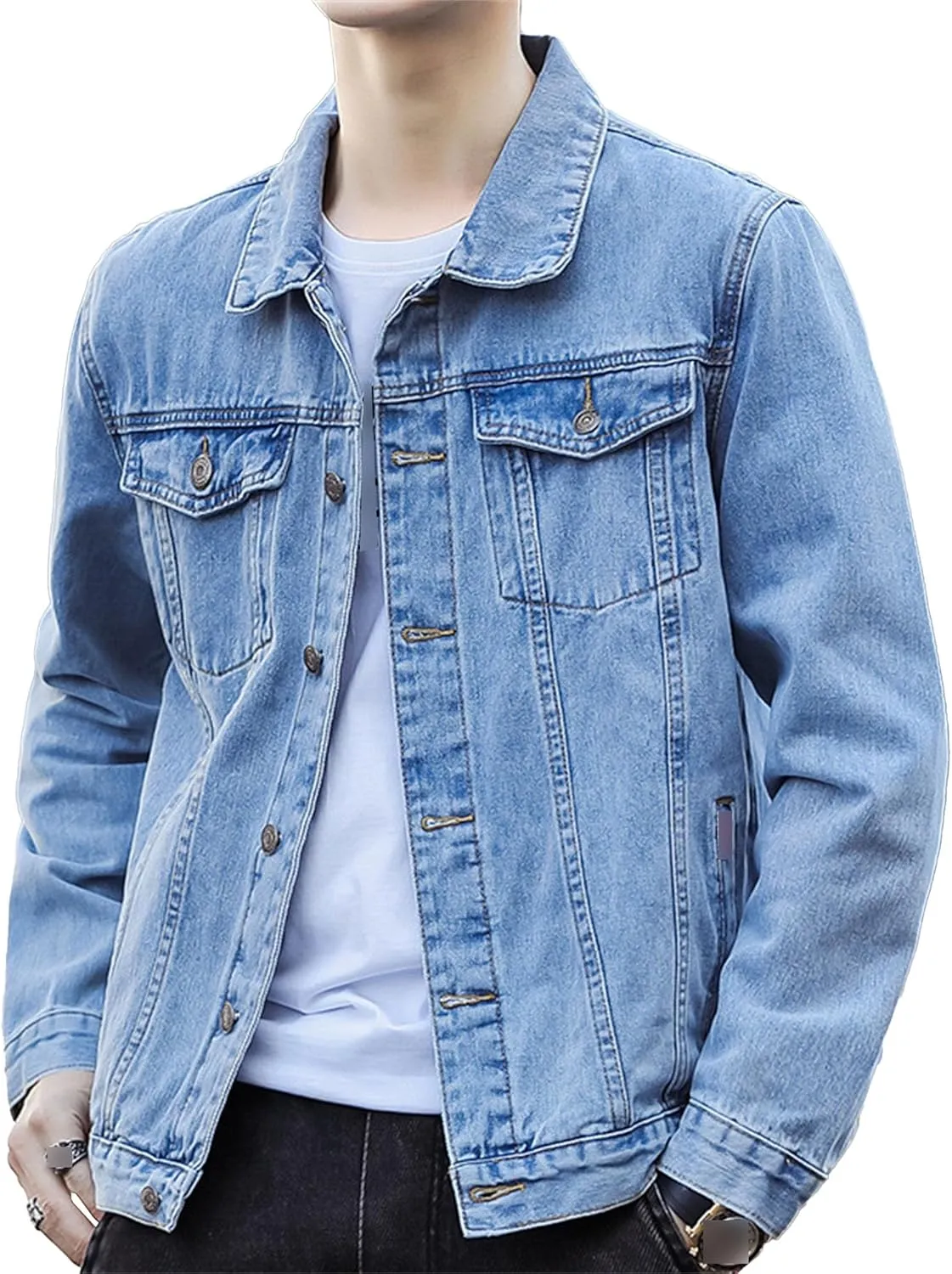 Maiyifu-GJ Men's Button Front Denim Jacket Classic Trucker Jean Coat Lightweight Casual Wash Distressed Outwear Tops