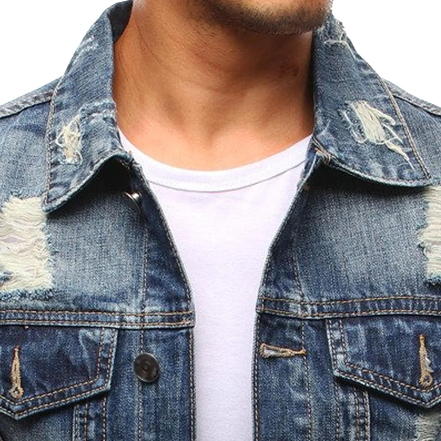 Maiyifu-GJ Men's Classic Ripped Jean Jacket Distressed Button Front Denim Jacket Casual Trucker Slim Fit Denim Coat