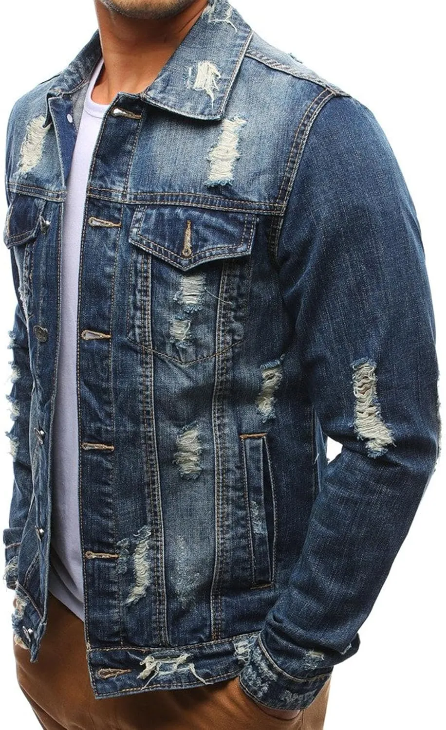 Maiyifu-GJ Men's Classic Ripped Jean Jacket Distressed Button Front Denim Jacket Casual Trucker Slim Fit Denim Coat