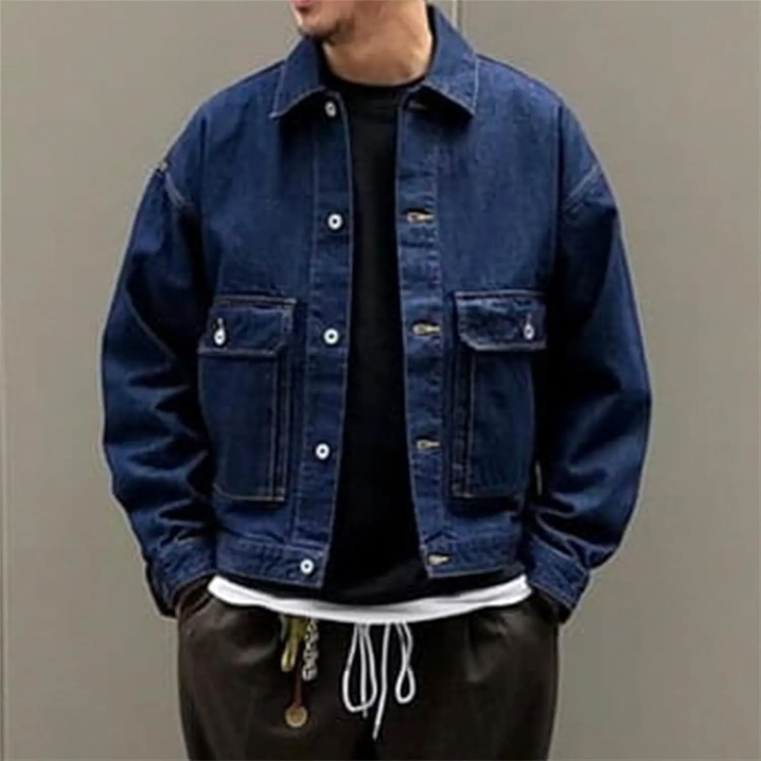 Maiyifu-GJ Men's Distressed Denim Jacket Long Sleeve Button Down Loose Denim Coat Slim Boyfriend Trucker Jackets