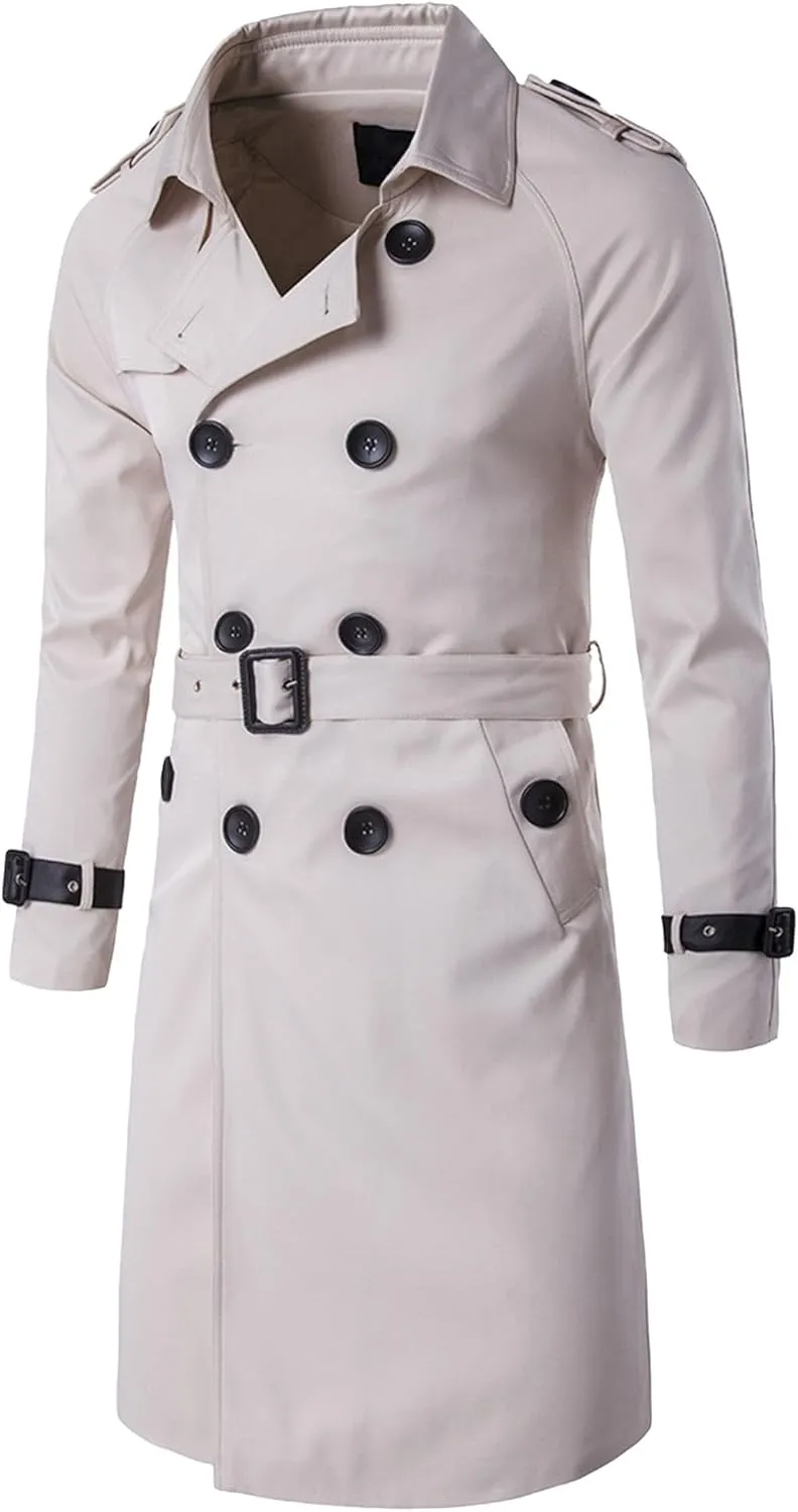 Maiyifu-GJ Men's Double Breasted Belted Trench Coats Casual Slim Fit Windbreaker Notch Lapel Long Jacket Overcoats
