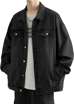 Maiyifu-GJ Men's Loose Denim Jacket Washed Distressed Denim Coat Casual Lapel Washed Button Down Trucker Jacket