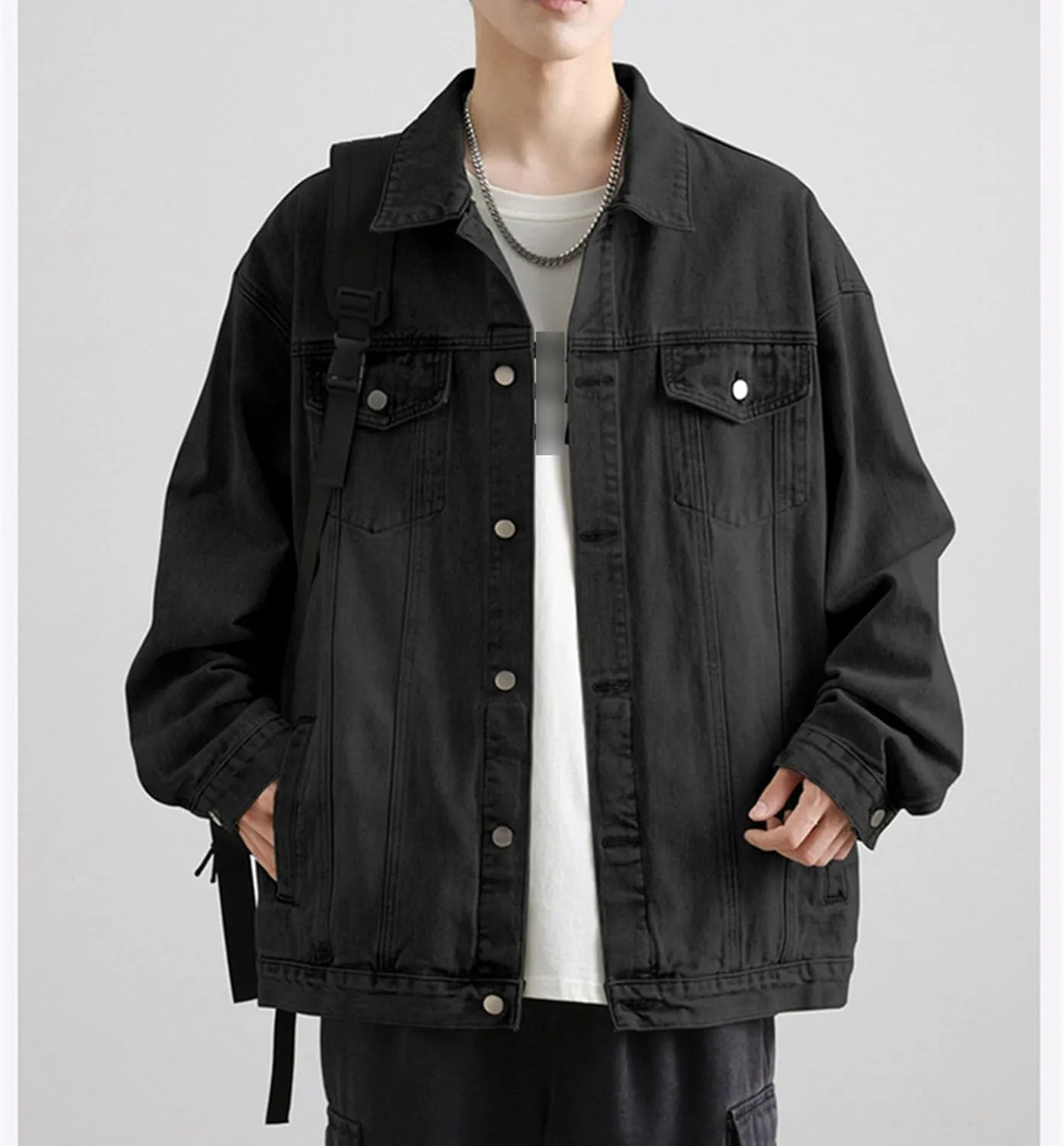Maiyifu-GJ Men's Loose Denim Jacket Washed Distressed Denim Coat Casual Lapel Washed Button Down Trucker Jacket