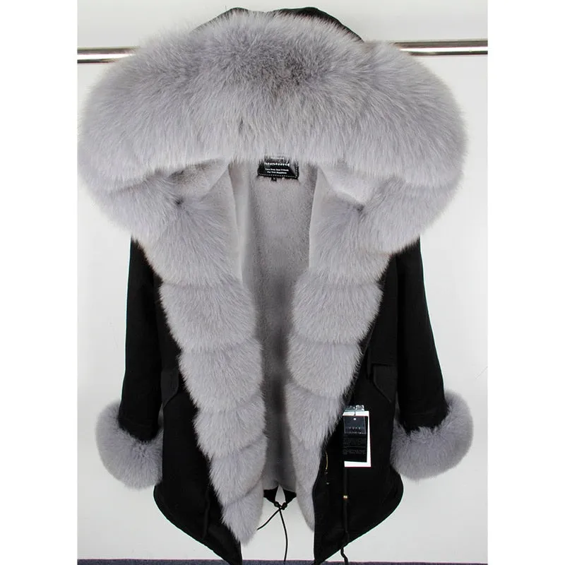 MaoMaoKong natural real fox fur Jacke coat Real Fox Fur Collar Cuff Hooded Coat Short Parka Long Camouflage winter jacket
