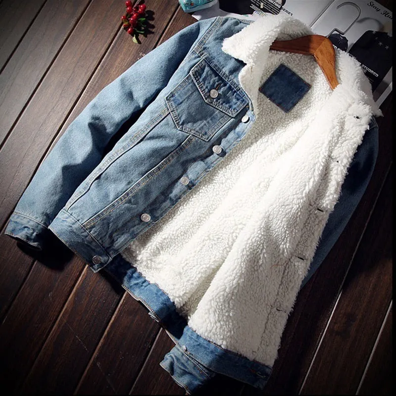 Men Denim Jackets Fashion Fleece Thick Warm Jeans Jacket