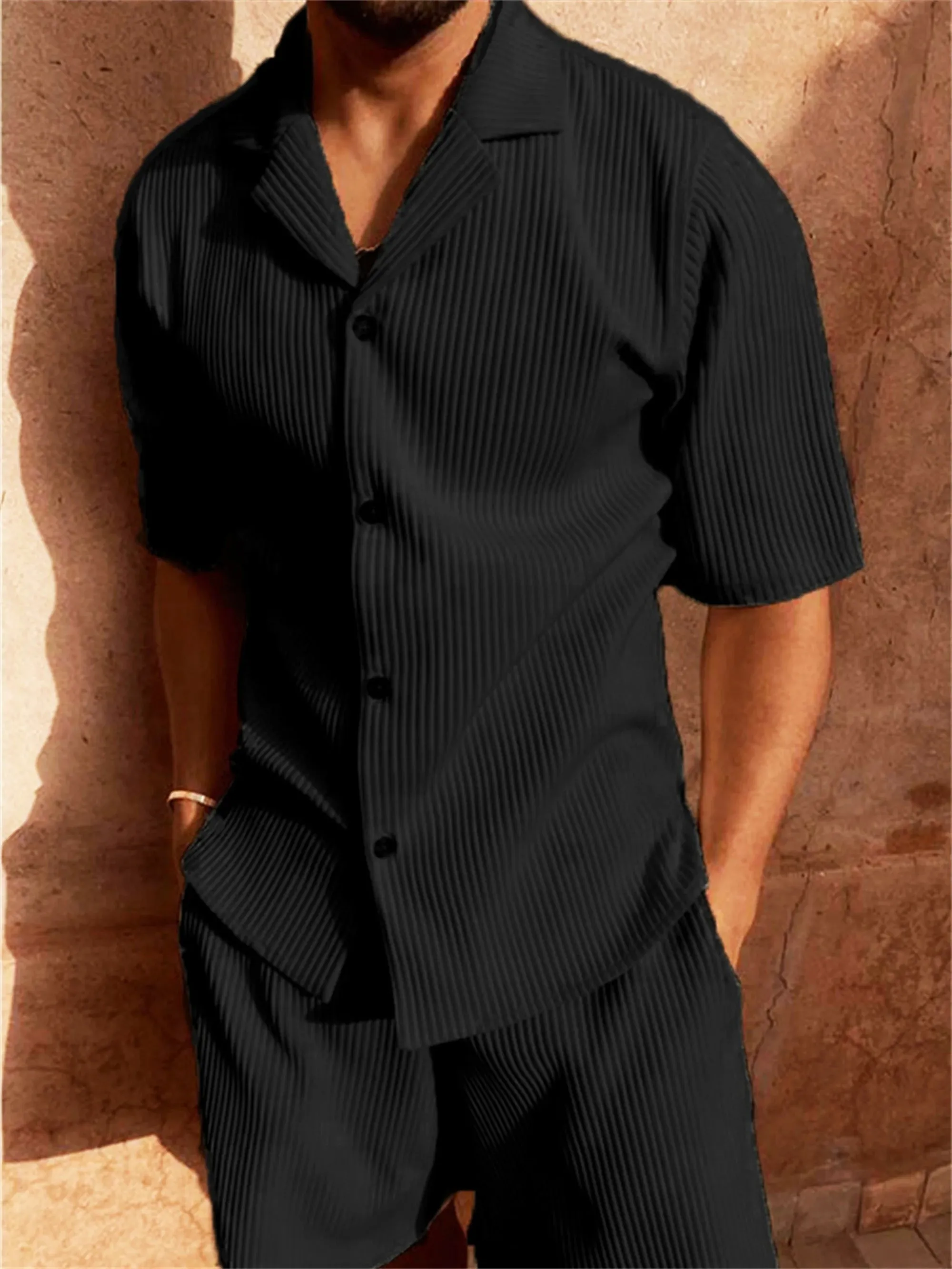 Men loose fit corduroy linen short sleeve shirt and matching shorts two piece set