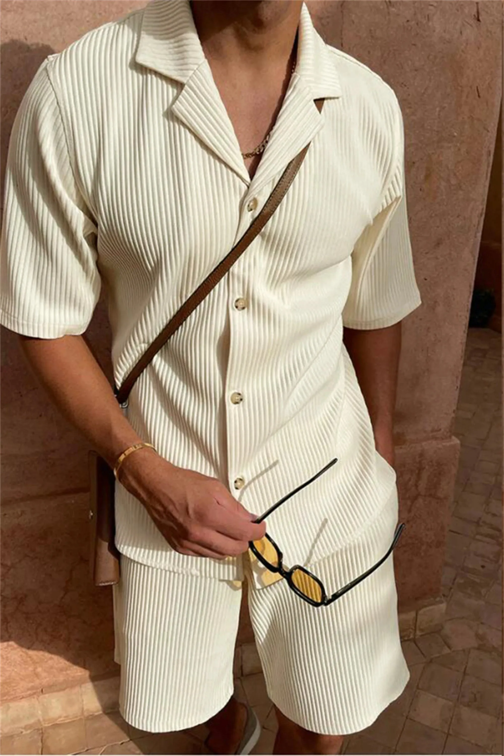 Men loose fit corduroy linen short sleeve shirt and matching shorts two piece set