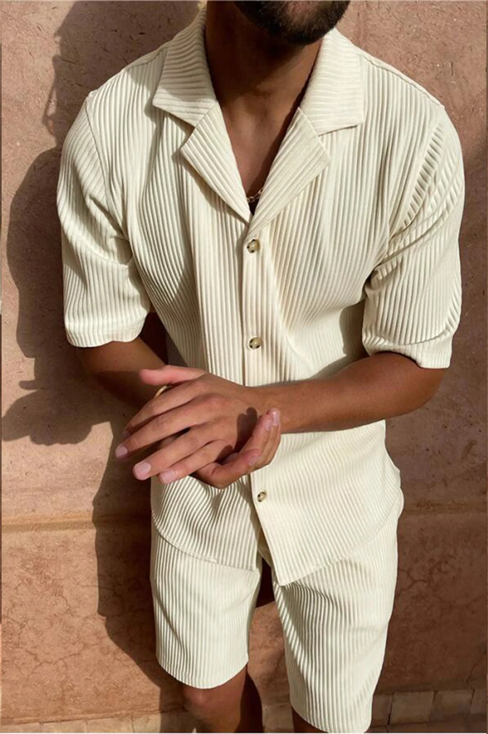Men loose fit corduroy linen short sleeve shirt and matching shorts two piece set