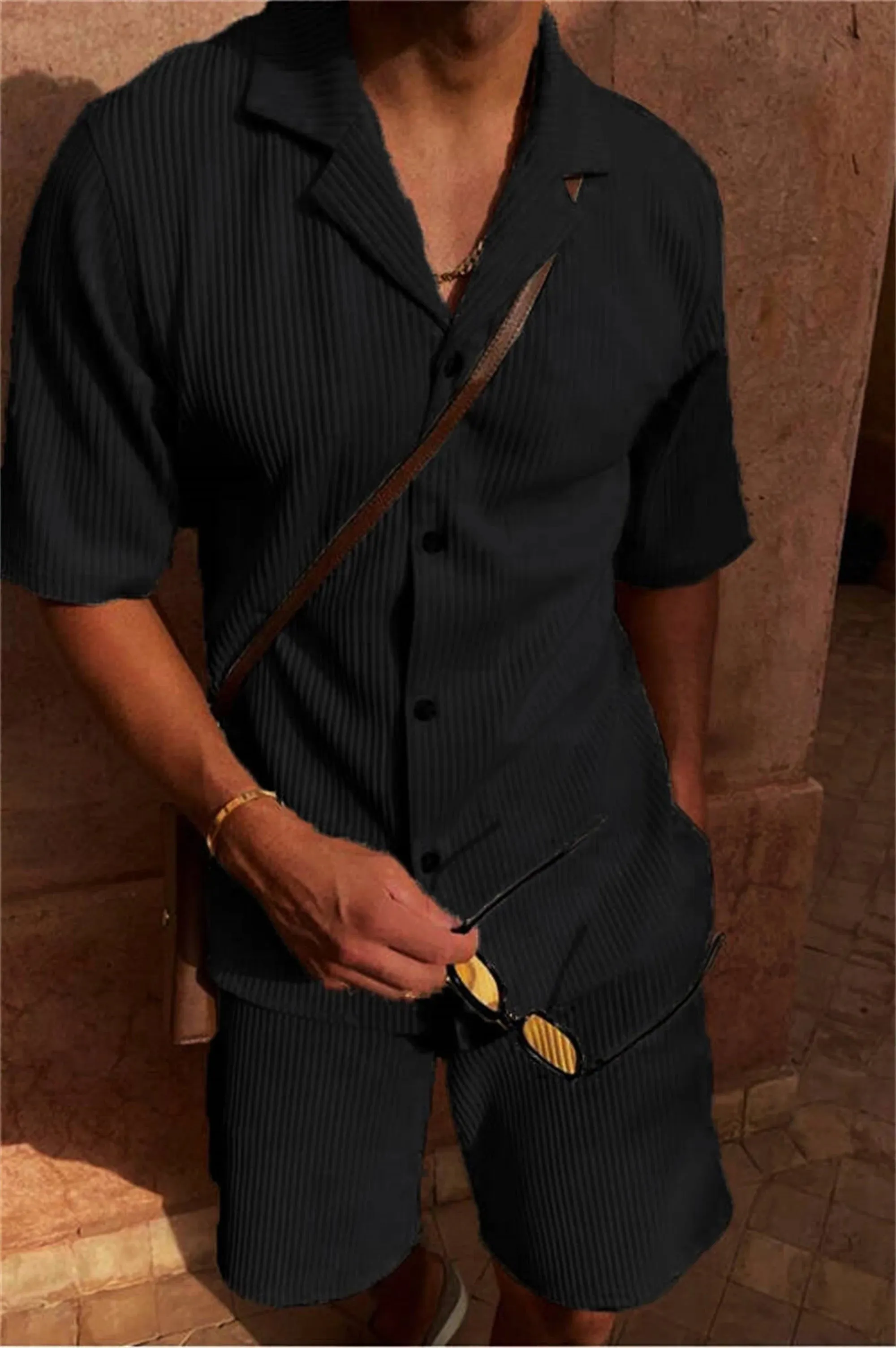 Men loose fit corduroy linen short sleeve shirt and matching shorts two piece set