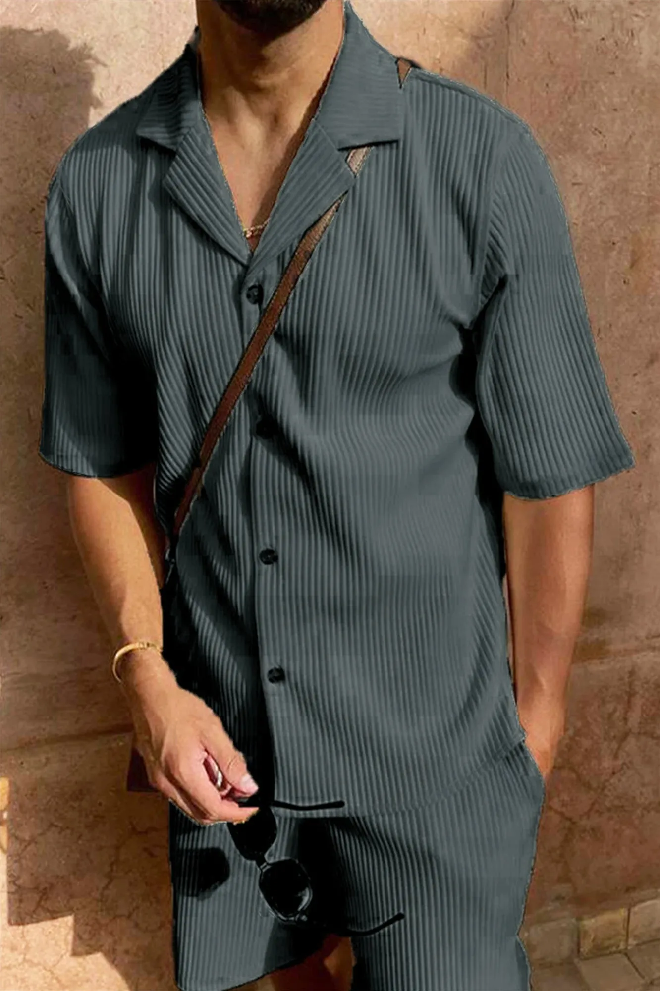 Men loose fit corduroy linen short sleeve shirt and matching shorts two piece set