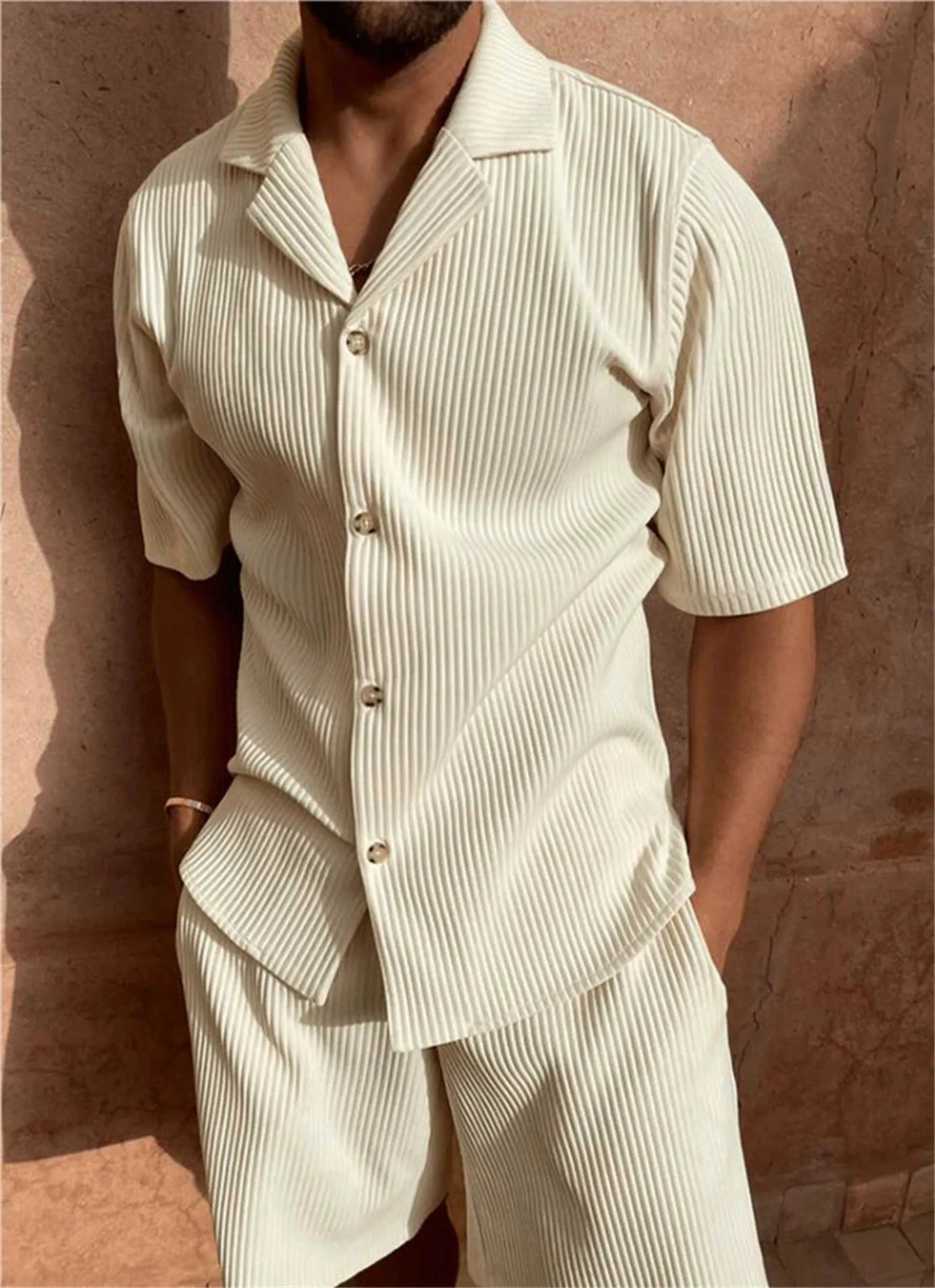 Men loose fit corduroy linen short sleeve shirt and matching shorts two piece set