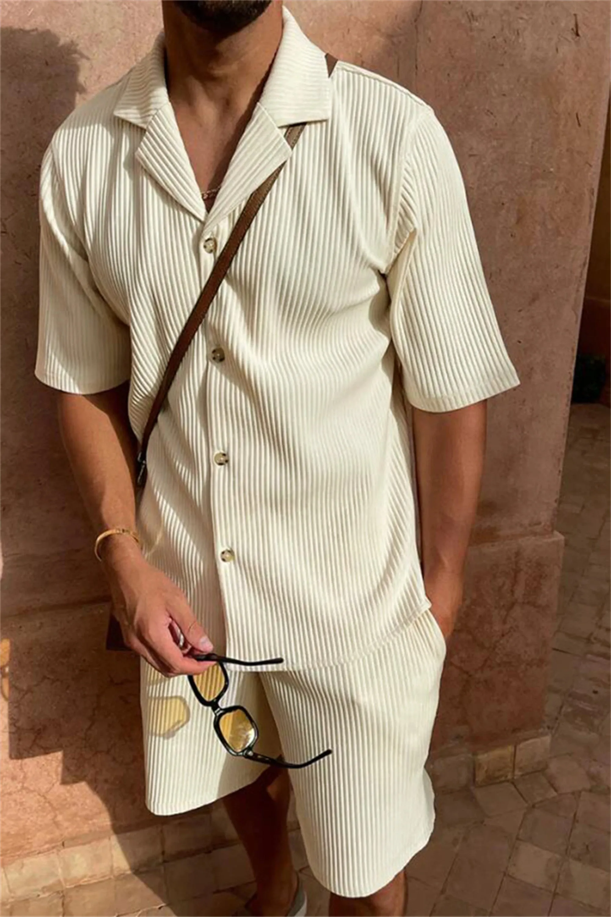 Men loose fit corduroy linen short sleeve shirt and matching shorts two piece set