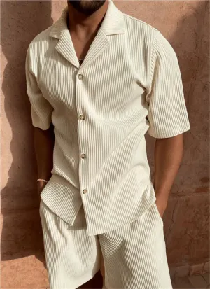 Men loose fit corduroy linen short sleeve shirt and matching shorts two piece set