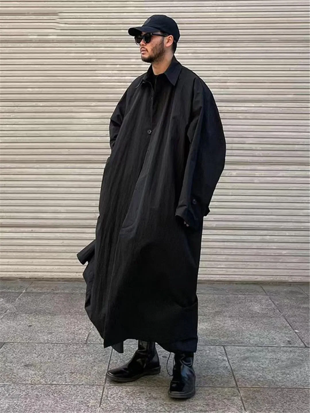 Men Spring Autumn Long Black Oversized Trench Coat Single Breasted Loose Casual Outerwear