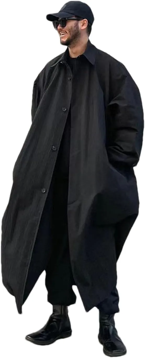 Men Spring Autumn Long Black Oversized Trench Coat Single Breasted Loose Casual Outerwear