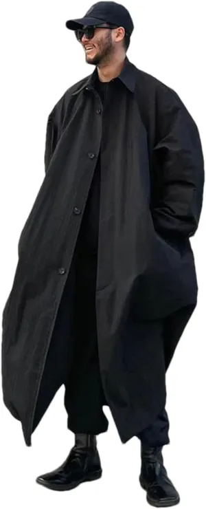 Men Spring Autumn Long Black Oversized Trench Coat Single Breasted Loose Casual Outerwear