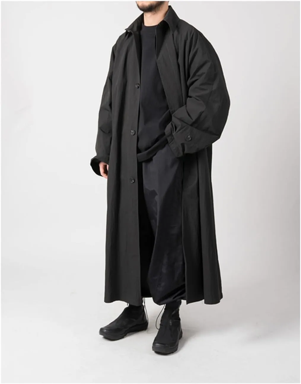 Men Spring Autumn Long Black Oversized Trench Coat Single Breasted Loose Casual Outerwear