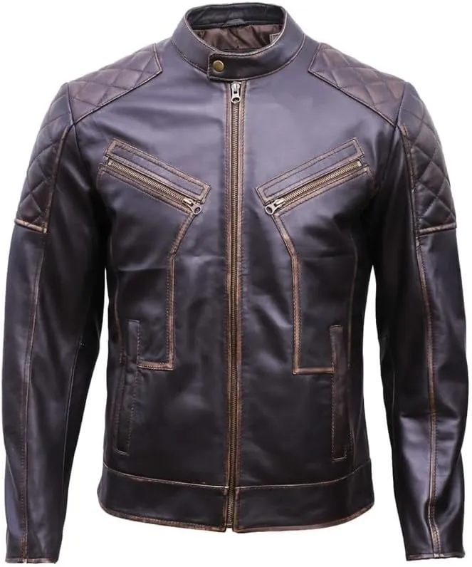 Mens Cafe Racer Leather Jacket - Leather Motorcycle Jacket Men - Genuine Leather Maroon Jacket