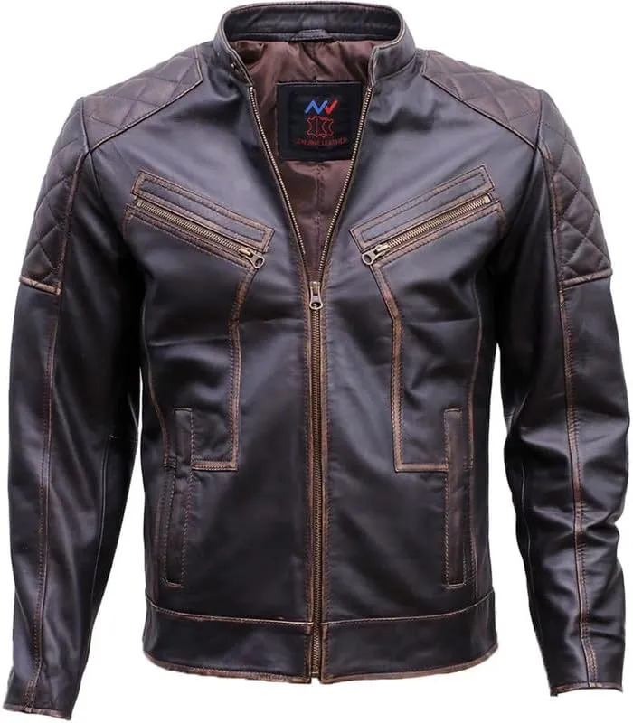 Mens Cafe Racer Leather Jacket - Leather Motorcycle Jacket Men - Genuine Leather Maroon Jacket