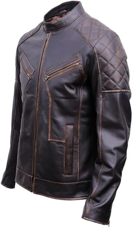 Mens Cafe Racer Leather Jacket - Leather Motorcycle Jacket Men - Genuine Leather Maroon Jacket