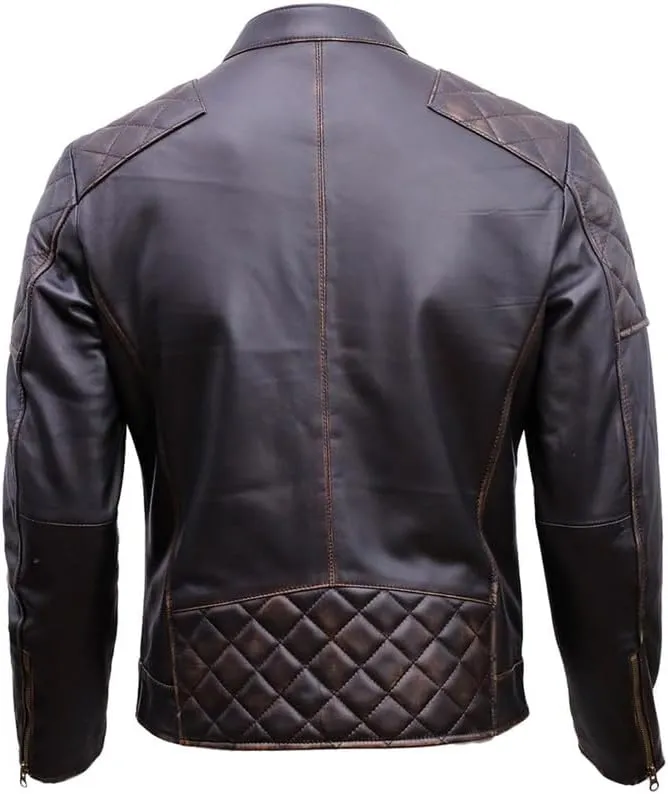 Mens Cafe Racer Leather Jacket - Leather Motorcycle Jacket Men - Genuine Leather Maroon Jacket