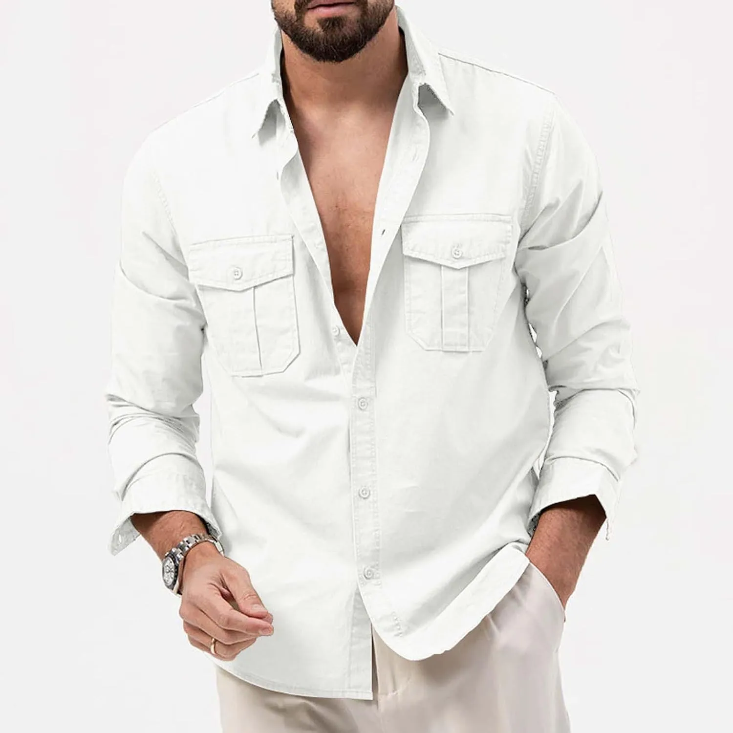 Mens Casual Long Sleeve Cotton Linen Shirts Color Pocket Long Sleeve Shirt Top Long Sleeve Shirts for Men Mens
