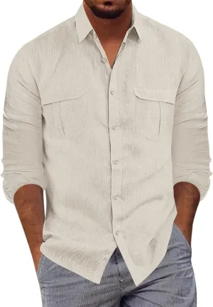 Mens Casual Long Sleeve Cotton Linen Shirts Color Pocket Long Sleeve Shirt Top Long Sleeve Shirts for Men Mens