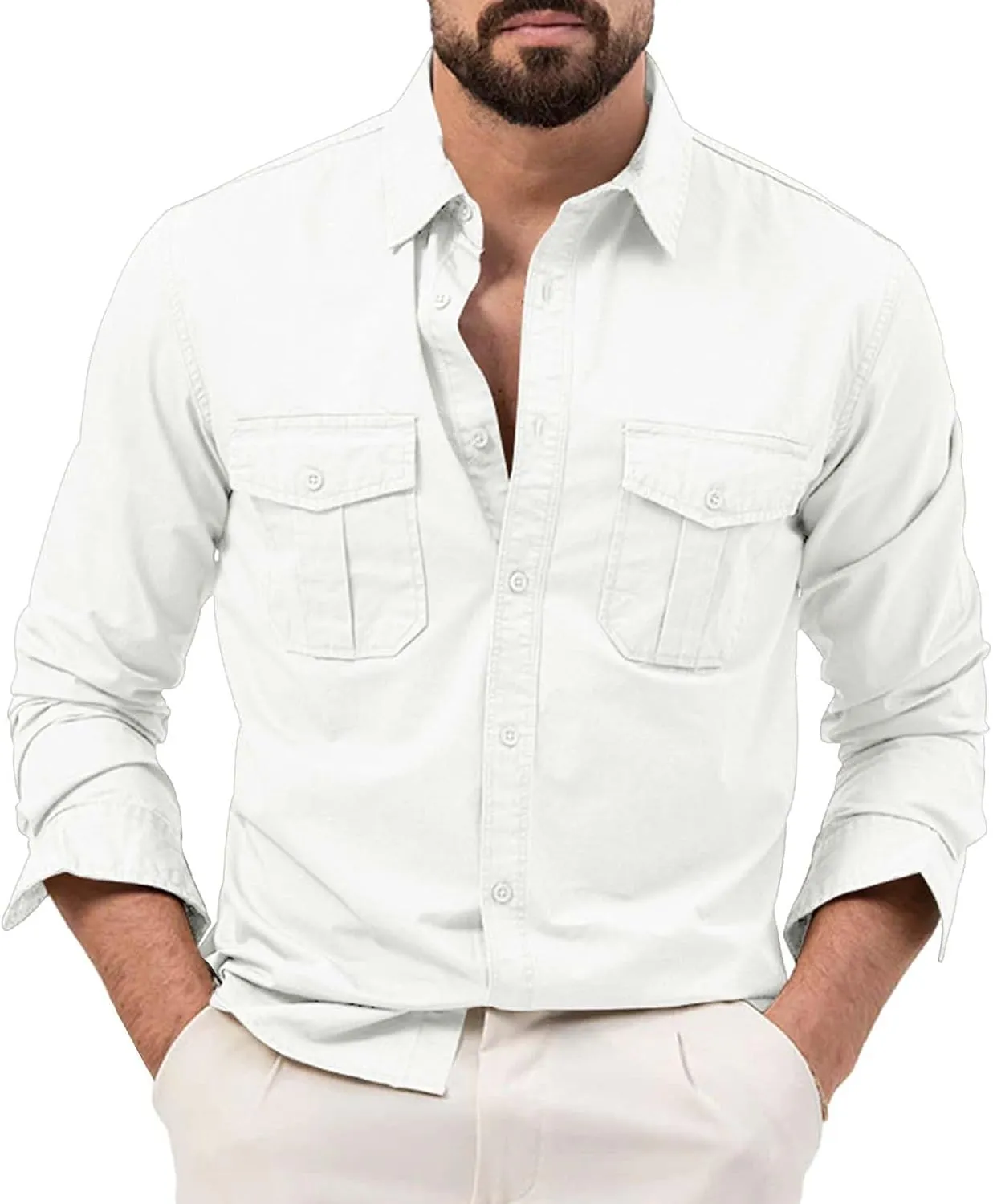 Mens Casual Long Sleeve Cotton Linen Shirts Color Pocket Long Sleeve Shirt Top Long Sleeve Shirts for Men Mens