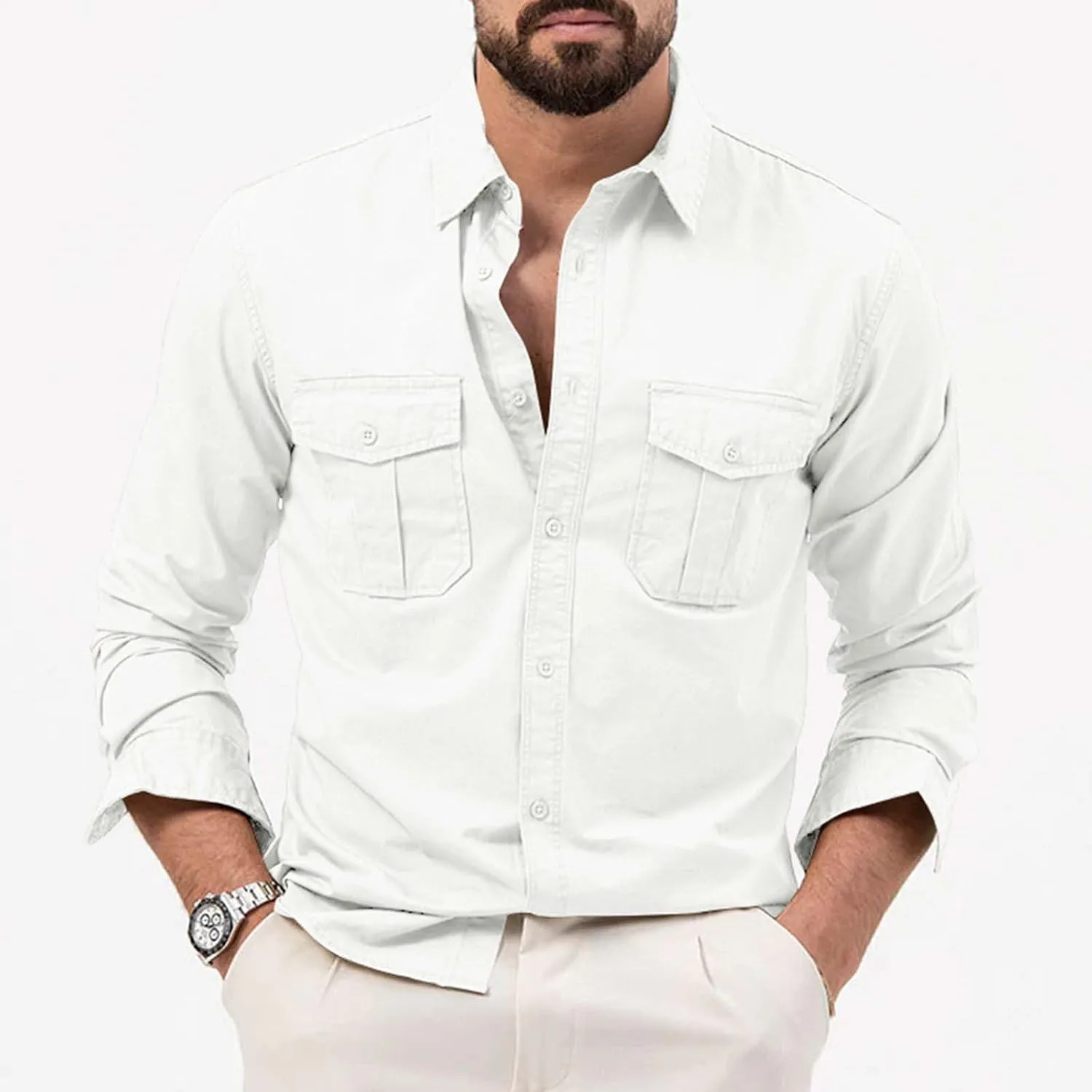 Mens Casual Long Sleeve Cotton Linen Shirts Color Pocket Long Sleeve Shirt Top Long Sleeve Shirts for Men Mens