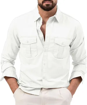 Mens Casual Long Sleeve Cotton Linen Shirts Color Pocket Long Sleeve Shirt Top Long Sleeve Shirts for Men Mens