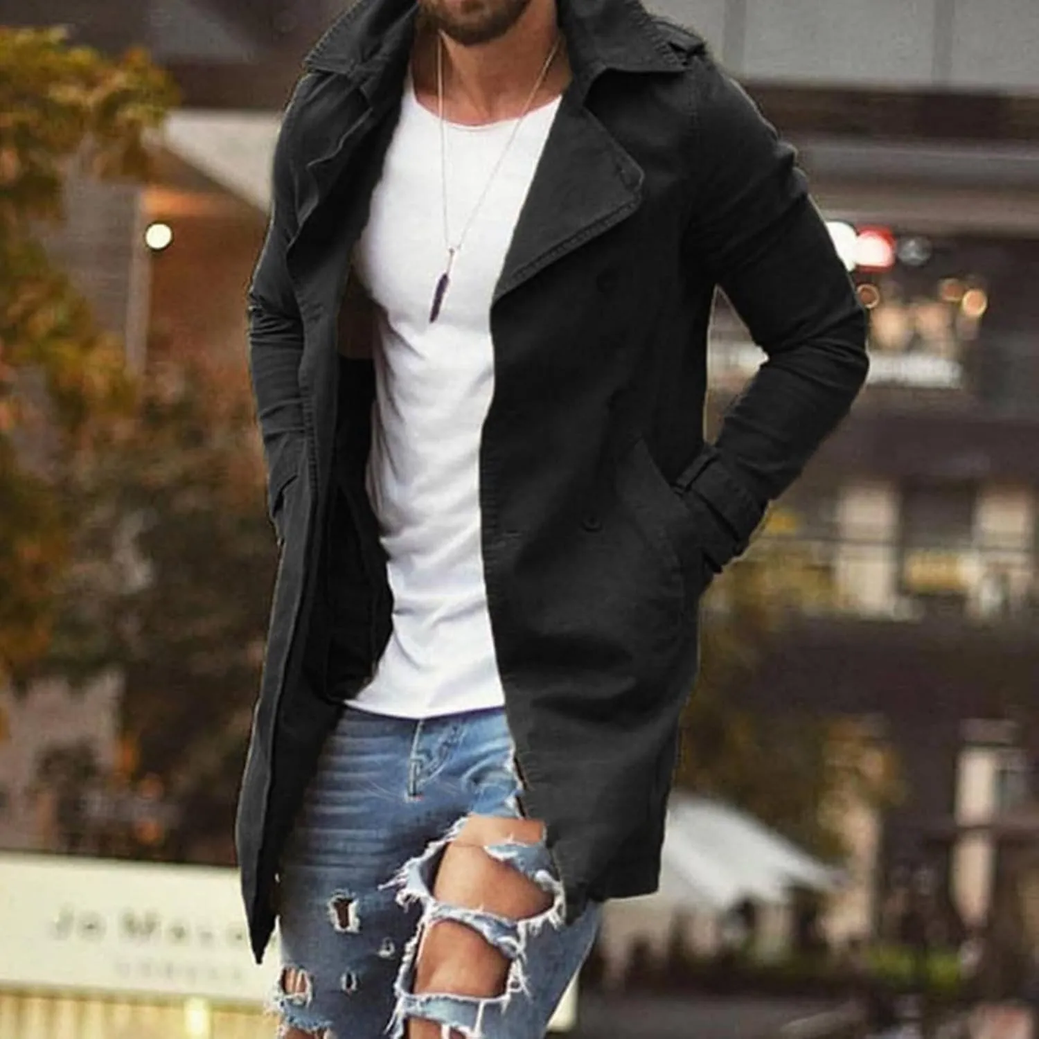 Men's Casual Trench Coat Slim Fit Notched Collar Men's Lengthened Prom Jacket Long Jacket Overcoat Coat with Pockets