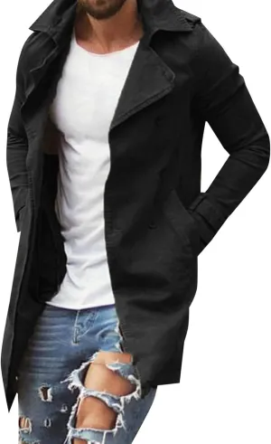Men's Casual Trench Coat Slim Fit Notched Collar Men's Lengthened Prom Jacket Long Jacket Overcoat Coat with Pockets