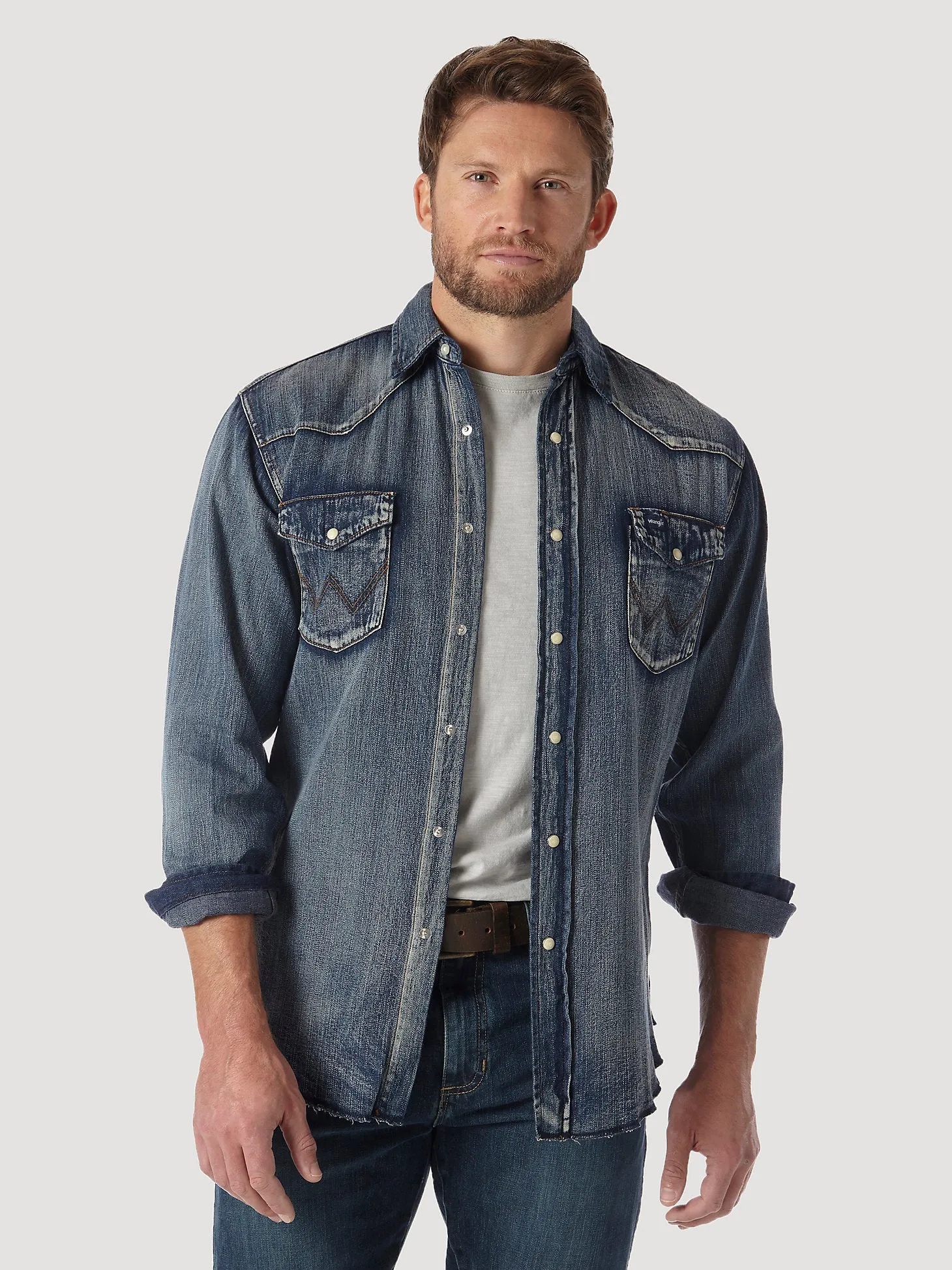 Men's Cowboy Cut Long Sleeve Western Denim Snap Work Shirt In Antique Blue