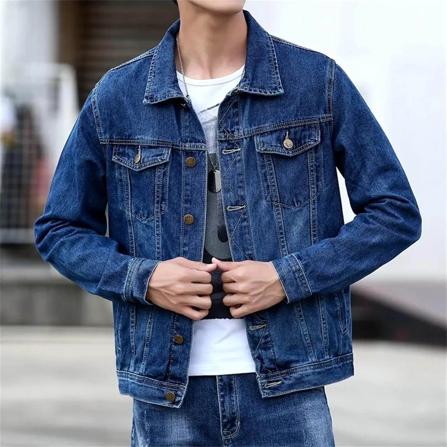 Men's Denim Jacket Classic Trucker Style Slim Fit Casual Outerwear Long Sleeve Jean Jacket For Men