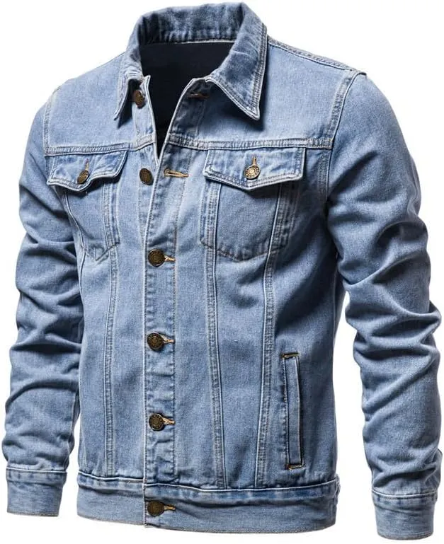 Men's Denim Jacket Long Sleeve Classic Trucker Style Slim Fit Casual Outerwear Button Coat