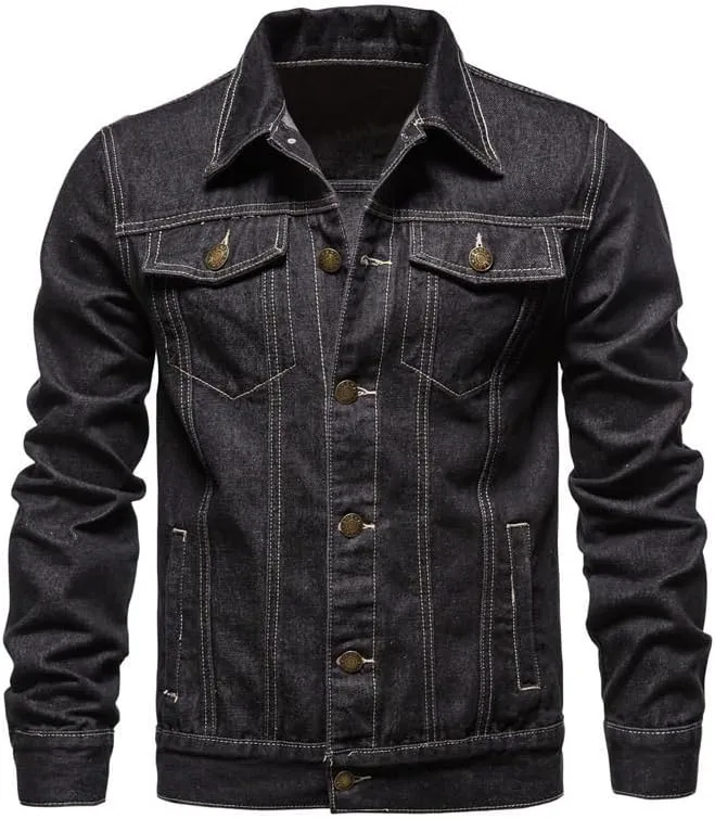 Men's Denim Jacket Long Sleeve Classic Trucker Style Slim Fit Casual Outerwear Button Coat
