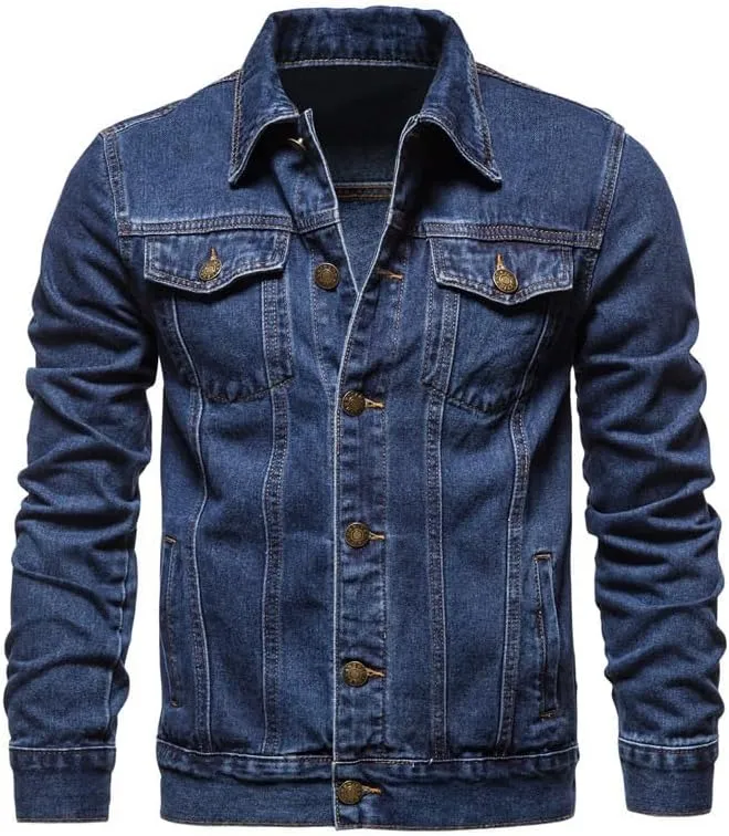 Men's Denim Jacket Long Sleeve Classic Trucker Style Slim Fit Casual Outerwear Button Coat
