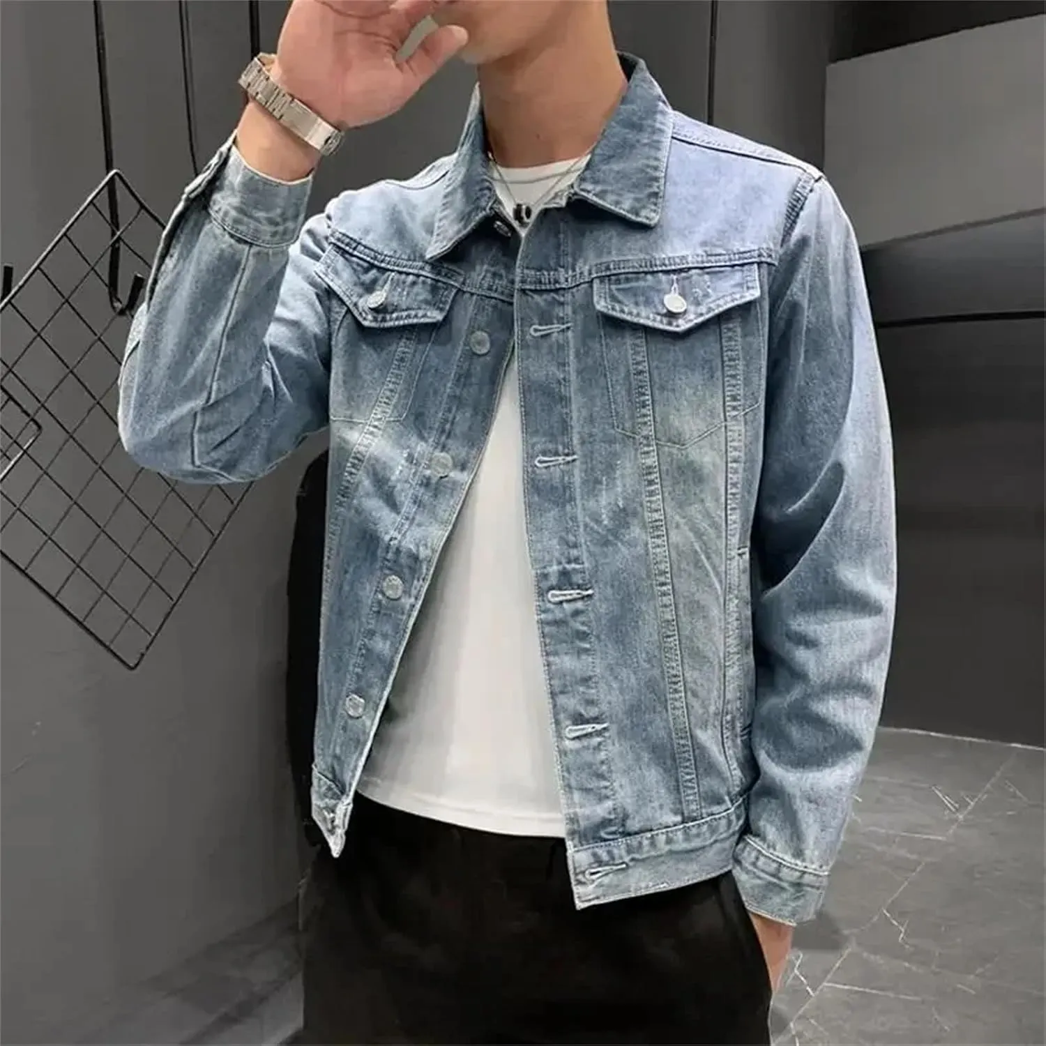 Men's Denim Jeans Coat - Spring Fall Button Cowboy Plus Size Trucker Slim Fit Casual Outerwear