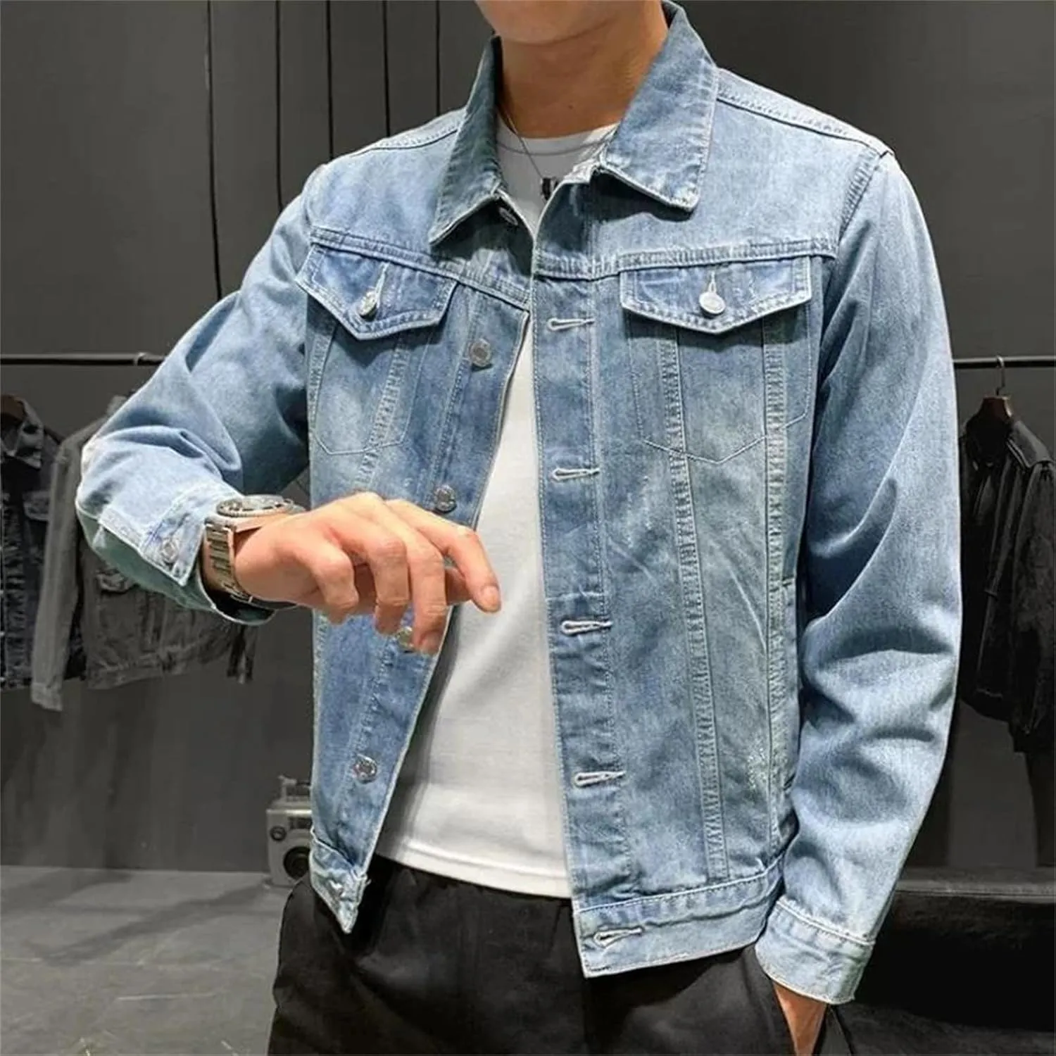 Men's Denim Jeans Coat - Spring Fall Button Cowboy Plus Size Trucker Slim Fit Casual Outerwear