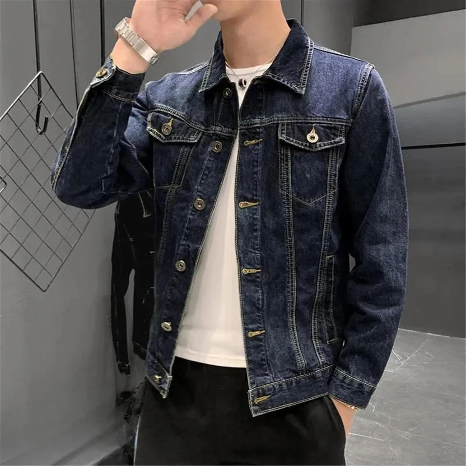 Men's Denim Jeans Coat - Spring Fall Button Cowboy Plus Size Trucker Slim Fit Casual Outerwear